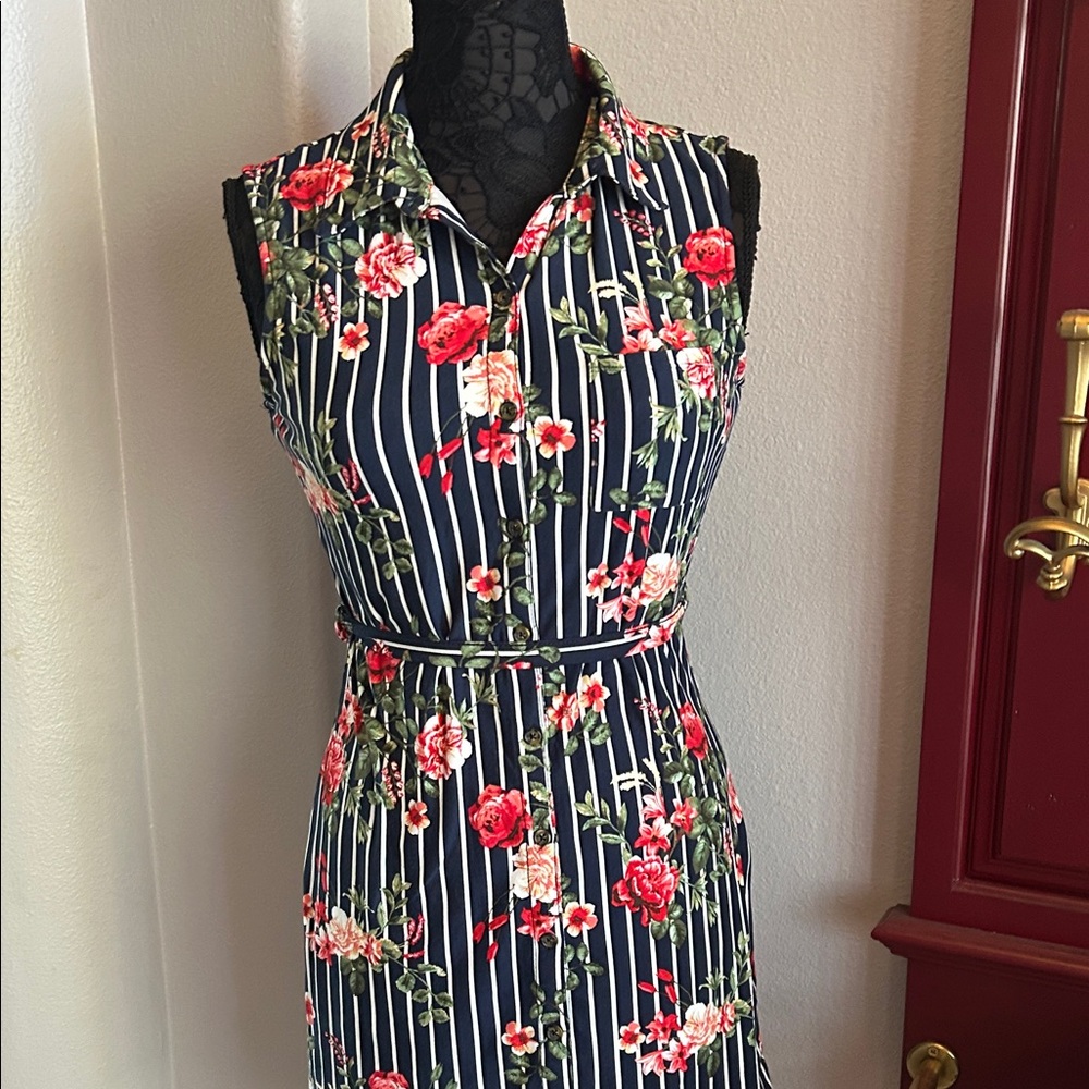 Navy Floral Striped Sleeveless Dress - Picture 12 of 12
